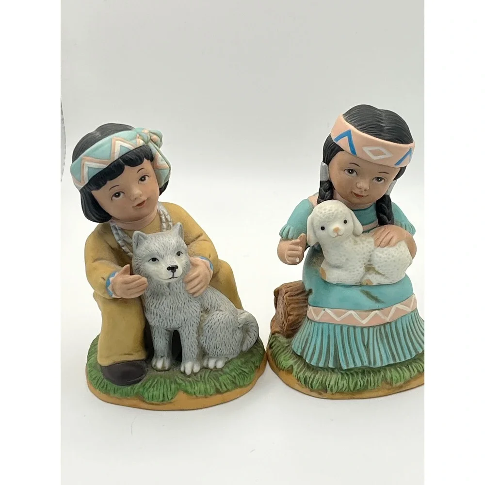 Vintage Homco 1428 Native American Children Figurines Boy Wolf Girl Lamb Set 2